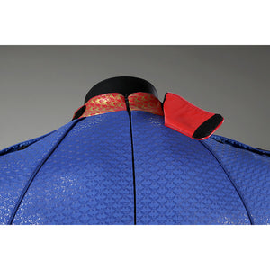 Back detail of Homelander cosplay costume collar from The Boys with red patterned lining and zipper opening