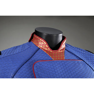 Close-up of Homelander cosplay costume collar from The Boys with red and gold trim and blue chest panel