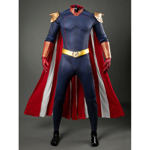 Homelander cosplay costume front view anchors a gold-tone eagle belt across the blue jumpsuit.