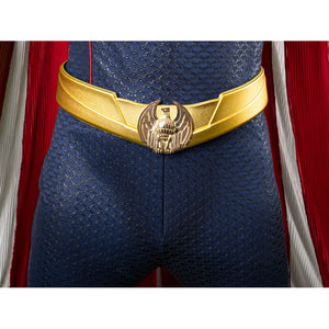 Homelander cosplay costume eagle belt front view rests gold-tone panels against the blue jumpsuit.