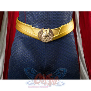 Homelander cosplay costume eagle belt front view rests gold-tone panels against the blue jumpsuit.