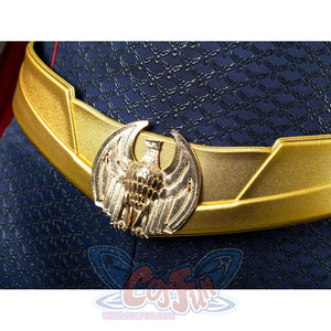 Homelander cosplay costume belt buckle close-up centers an eagle emblem between gold-tone panels.