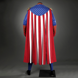 Front view of Homelander cosplay costume from The Boys with blue bodysuit, gold armor and red gloves displayed on a mannequin