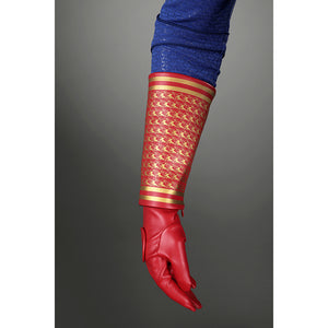 Close-up of Homelander cosplay costume red glove from The Boys with gold bracer and seam detail