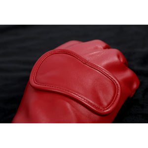 Close-up of Homelander cosplay costume red glove from The Boys with wrist flap and stitching