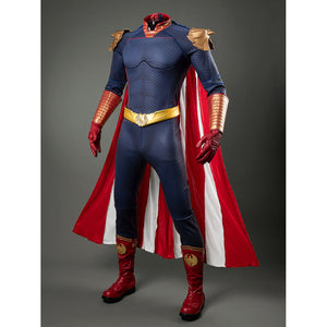 Homelander cosplay costume angled front view frames gold-tone armor over the blue jumpsuit.