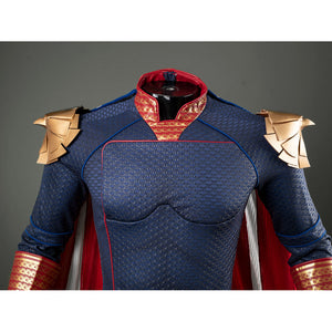 Homelander cosplay costume chest detail frames the red collar over textured blue torso panels.