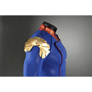 Side detail of Homelander cosplay costume from The Boys with gold shoulder armor on blue sleeve