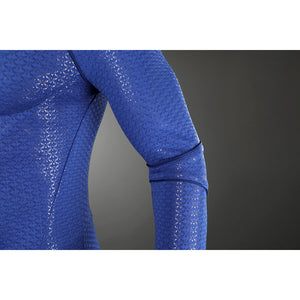 Close-up of Homelander cosplay costume sleeve from The Boys with blue textured fabric and seam detail
