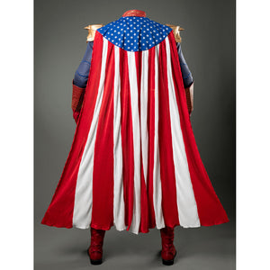 Homelander cosplay costume cloak back view drops red-and-white pleats from a blue star shoulder panel.