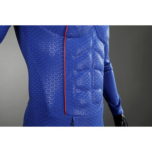 Close-up of Homelander cosplay costume torso from The Boys with blue embossed fabric and red piping