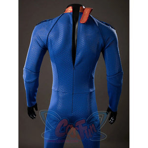 The Boys Homelander cosplay bodysuit back neckline detail opens above blue textured shoulder panels.