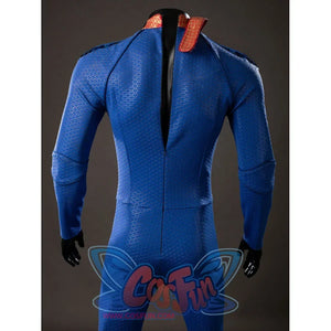 The Boys Homelander cosplay bodysuit back neckline detail opens above blue textured shoulder panels.