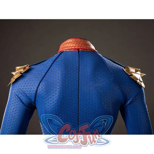 The Boys Homelander cosplay bodysuit back detail traces blue shoulder seams under gold armor pieces.