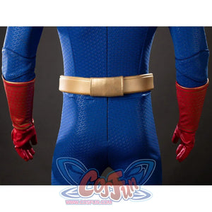 The Boys Homelander cosplay costume back waist detail sets a gold belt between red gloves and blue fabric.