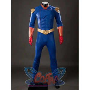 The Boys Homelander cosplay costume centers the blue bodysuit, red gloves, and gold belt in front view.