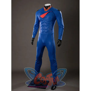 The Boys Homelander cosplay bodysuit angles the blue torso print toward the red collar trim.