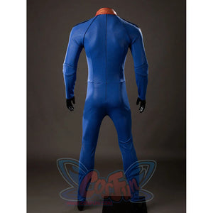 The Boys Homelander cosplay bodysuit back view follows the blue seam lines from shoulders to legs.