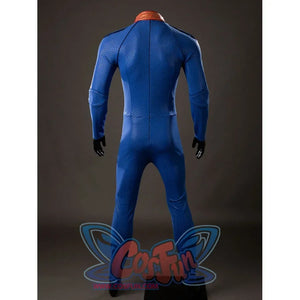 The Boys Homelander cosplay bodysuit back view follows the blue seam lines from shoulders to legs.