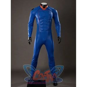 The Boys Homelander cosplay bodysuit front view highlights blue printed muscle panels and a red collar.