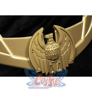 The Boys Homelander cosplay belt buckle close-up frames the gold-tone eagle crest and raised wing edges.