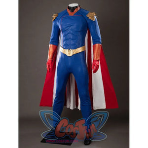 The Boys Homelander cosplay costume angles the red cape around a blue bodysuit and gold shoulder armor.