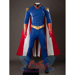 The Boys Homelander cosplay costume front view sets the red cape behind a blue suit and gold eagle belt.