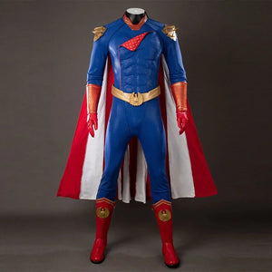 COSFUN The Boys Homelander cosplay costume layers a blue bodysuit under a red cape, anchored by gold armor and belt.