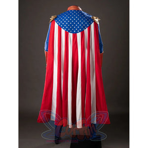 The Boys Homelander cosplay cape back view spreads red and white panels below a blue star yoke.