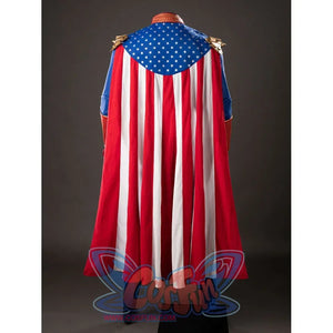 The Boys Homelander cosplay cape back view spreads red and white panels below a blue star yoke.