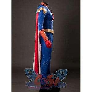 The Boys Homelander cosplay costume side profile lets the striped cape fall beside the blue bodysuit.