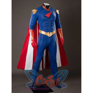 The Boys Homelander cosplay costume frames the blue suit between red cape panels and gold shoulder armor.