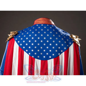 The Boys Homelander cosplay cape detail spreads a blue star yoke above red and white vertical panels.