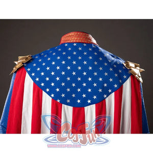 The Boys Homelander cosplay cape detail spreads a blue star yoke above red and white vertical panels.