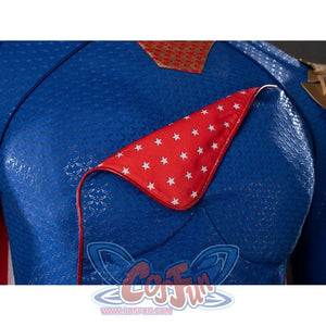 The Boys Homelander cosplay chest flap detail sets red star-patterned fabric over the blue bodysuit.