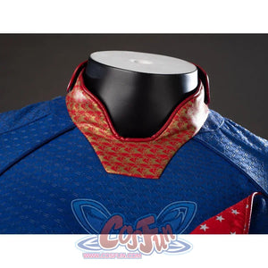The Boys Homelander cosplay costume collar detail sets red patterned trim against textured blue fabric.
