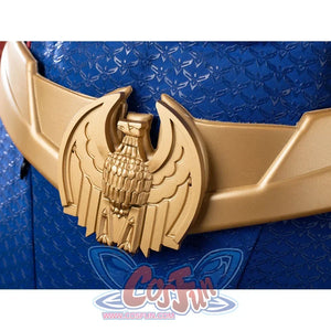 The Boys Homelander cosplay belt detail centers a gold-tone eagle buckle over textured blue fabric.