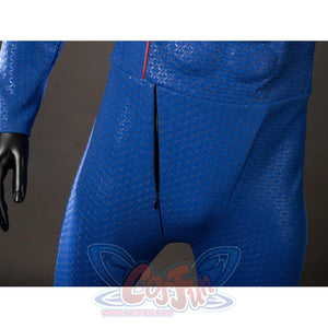 The Boys Homelander cosplay bodysuit front seam detail drops a black line through textured blue fabric.