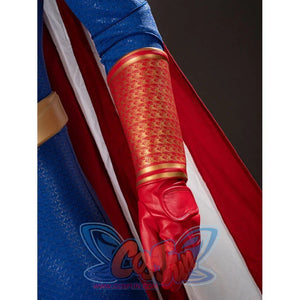 The Boys Homelander cosplay glove detail layers red wrist guard texture beside the striped cape edge.