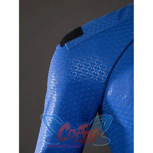 The Boys Homelander cosplay bodysuit hip detail highlights blue textured fabric and printed panel lines.