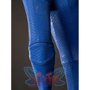 The Boys Homelander cosplay bodysuit knee detail rounds the blue panel against textured leg fabric.