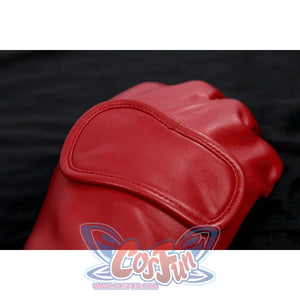 The Boys Homelander cosplay glove close-up frames a red wrist flap, raised seams, and smooth fingers.