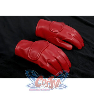 The Boys Homelander cosplay glove pair lays red wrist flaps and molded fingers side by side.