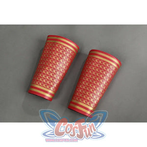 The Boys Homelander cosplay wrist guards pair red patterned panels with gold-tone bands at each edge.