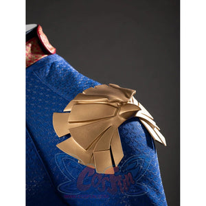 The Boys Homelander cosplay shoulder armor detail stacks gold-tone plates over textured blue fabric.