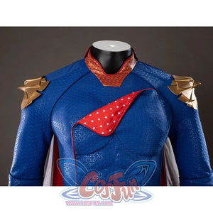 The Boys Homelander cosplay costume upper torso detail layers gold shoulder armor over the red chest flap.