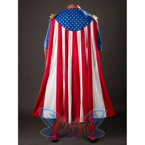 The Boys Homelander cosplay cape back view drops red and white stripes below a star-spotted blue shoulder panel.