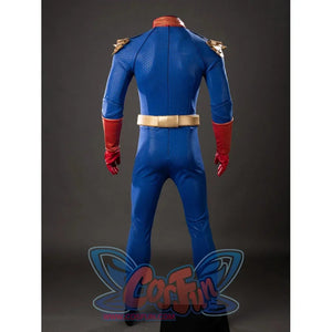 The Boys Homelander cosplay bodysuit back view traces blue paneling below the gold waist belt.