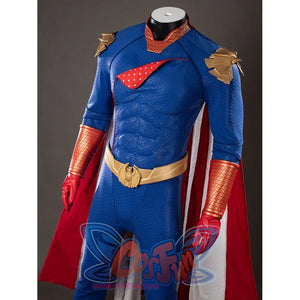 The Boys Homelander cosplay costume torso view frames the red chest flap, cape edge, gloves, and belt.
