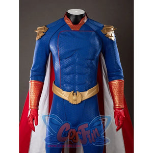 The Boys Homelander cosplay costume front torso sets gold shoulder armor over a blue suit and red gloves.
